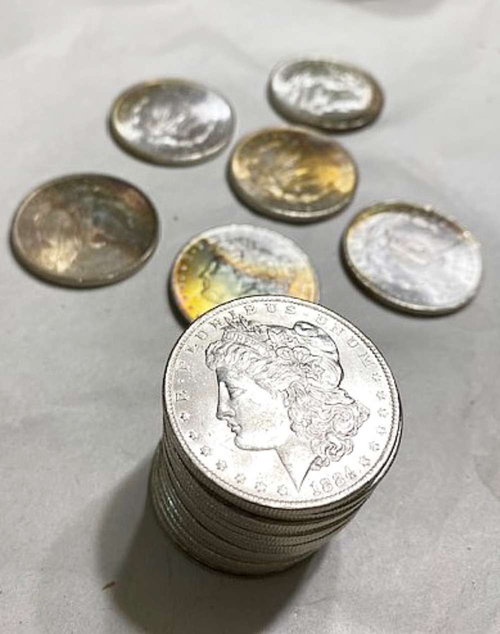 Morgan dollars shown together