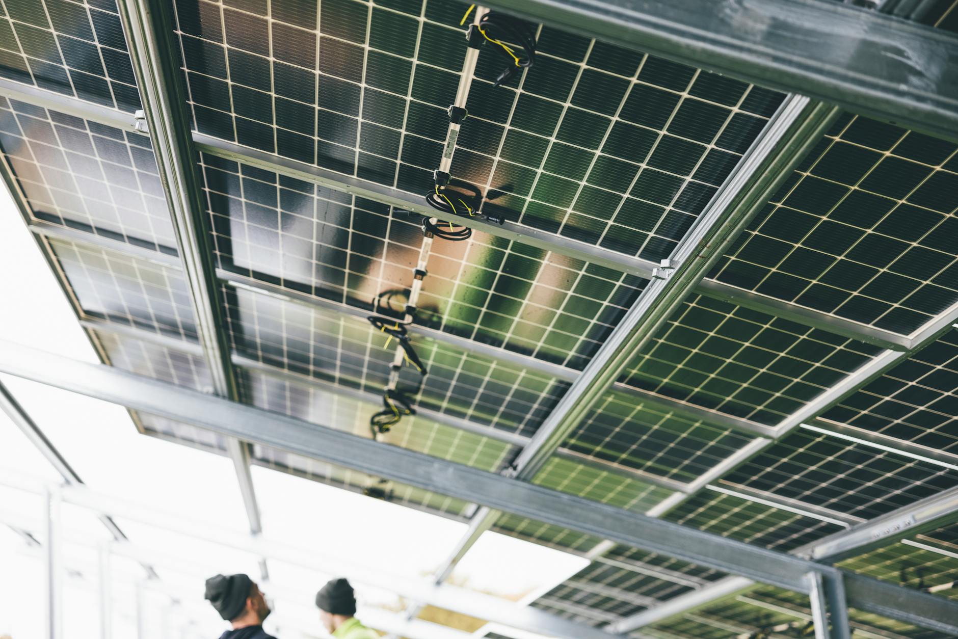Solar panel installation with sunlight reflecting off photovoltaic cells